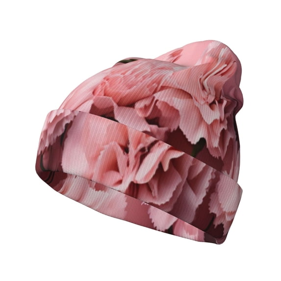 Picia Delicate Pink Carnations Pattern Knitted Beanie Hat for Men and Women , Unisex Winter Warm Stretchy Knit Cap Thick Fisherman Beanies Cuffed Plain Skull Caps