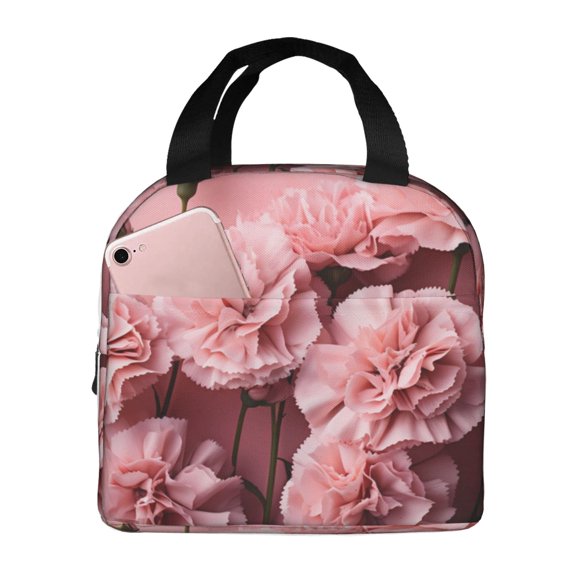 Picia Delicate Pink Carnations Printed Lunch box Lunch bag for Men Women Large Capacity Lunchbox Reusable Lunch Bags Insulated Lunch Bag Lunch Box Cooler