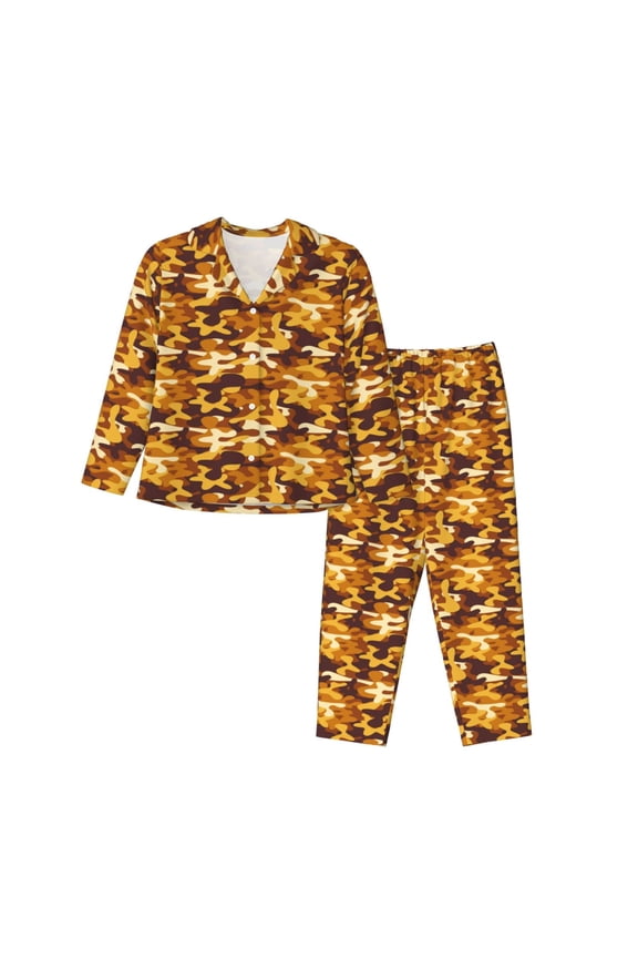 Desert Camouflage Pattern Women’s Long-Sleeve Sleepwear Set - Soft 2-Piece Loungewear with Pockets, Comfy PJs for Relaxing Nights-Medium