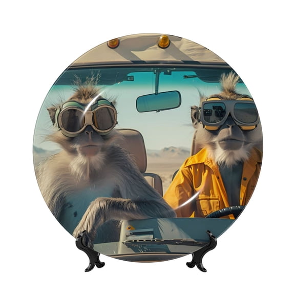 Picia Desert Monkeys Drive Pattern Bone China Decorative Plate – Wall Decor with Stand and Adhesive, Elegant Ornament for Living Room, Office, or Entryway-6in