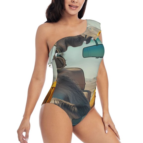 Picia Desert Monkeys Drive Pattern Women's One Piece Swimsuits,One Shoulder Swimwear Asymmetric ,Ruffle Monokinis Bathing Suits,High Waisted Flattering Bathing Suits-Small
