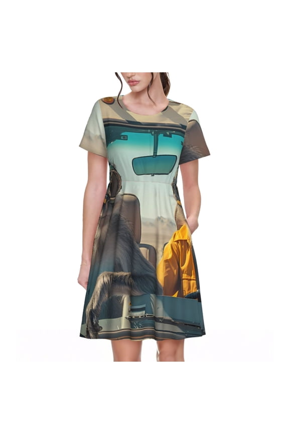 Desert Monkeys Drive Pattern Women's Short Sleeve Summer Dress Pleated Loose Swing Knee Length Short Sleeve Swing Dresses