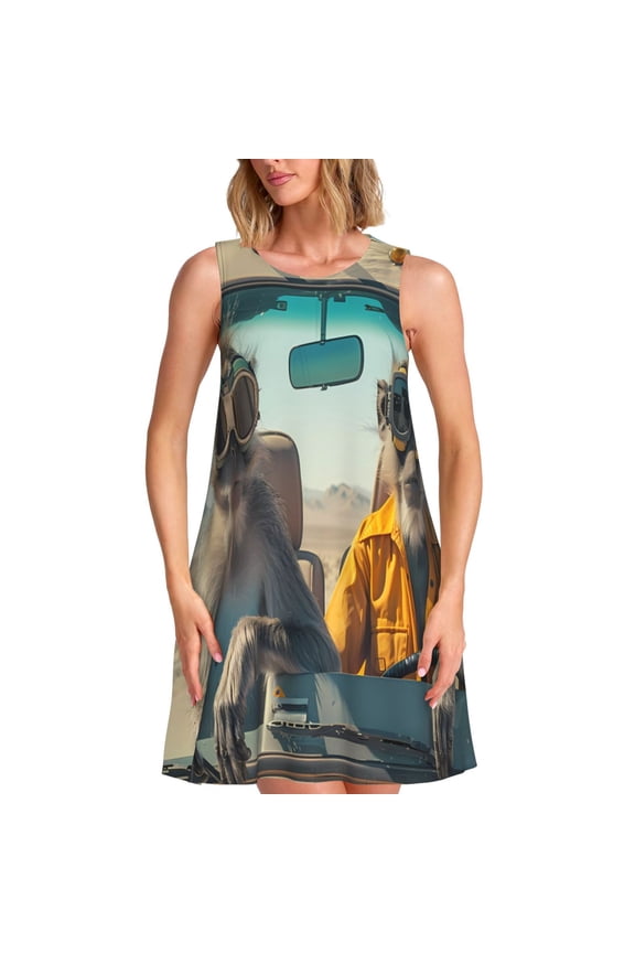 Desert Monkeys Drive Print Women’s Sleeveless Midi Swing Dress – A-Line Pleated Tank Sundress, Comfortable and Flowy T-Shirt Dress