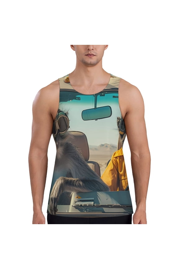 Desert Monkeys Drive Printed Men’s Performance Tank, Men's Workout Tank Top Moisture-Wicking Tank Top Muscle tee, Breathable Workout Shirt-Large