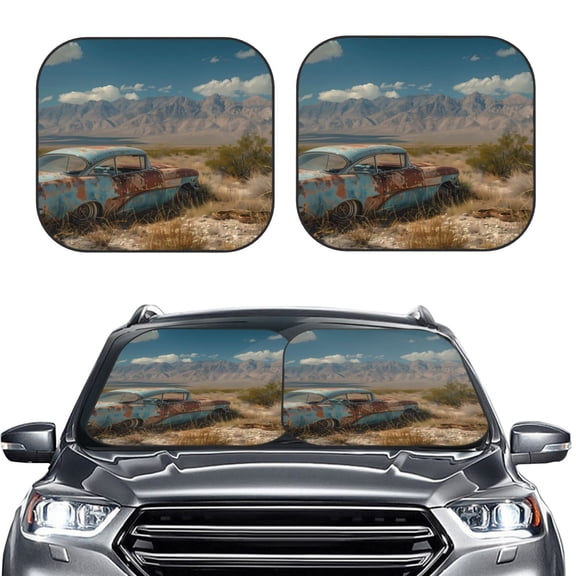 Picia Deserted Classic Car Landscape 2 Piece Car Windshield Sun Shade Foldable | Foldable Sun Shield for Front Window Blocks UV Rays and Keeps Your Vehicle Cool-Medium