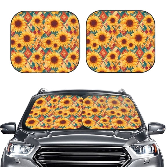 Picia Diamond Bohemian Sunflower 2 Piece Car Windshield Sun Shade Foldable | Foldable Sun Shield for Front Window Blocks UV Rays and Keeps Your Vehicle Cool-Medium