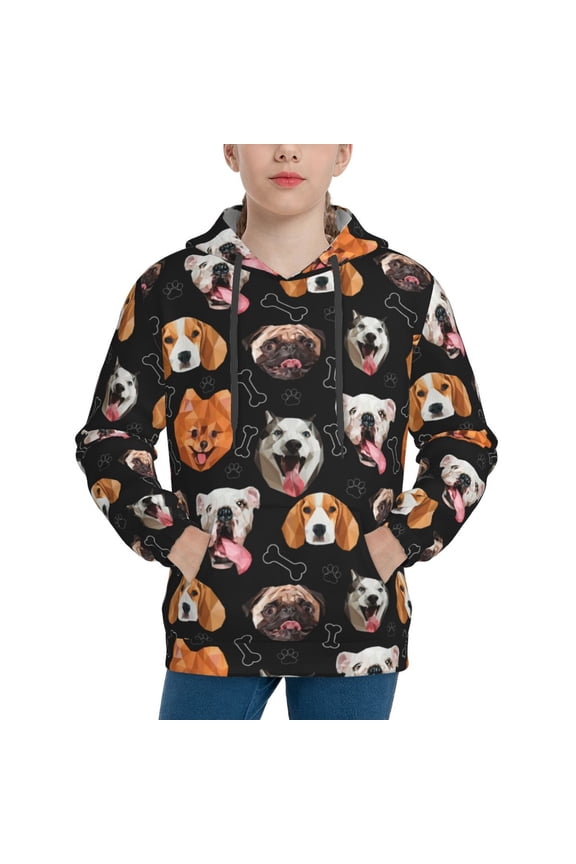 Different Breeds Of Dogs Pattern Youth Hoodie - Warm Pullover Sweatshirt with Kangaroo Pocket, Ideal for Boys and Girls-Small