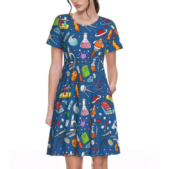 Picia Different Chemical Things Pattern Women's Short Sleeve Summer Dress Pleated Loose Swing Knee Length Short Sleeve Swing Dresses