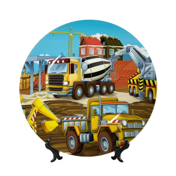 Picia Different Construction Site Vehicles Pattern Bone China Decorative Plate – Wall Decor with Stand and Adhesive, Elegant Ornament for Living Room, Office, or Entryway-6in
