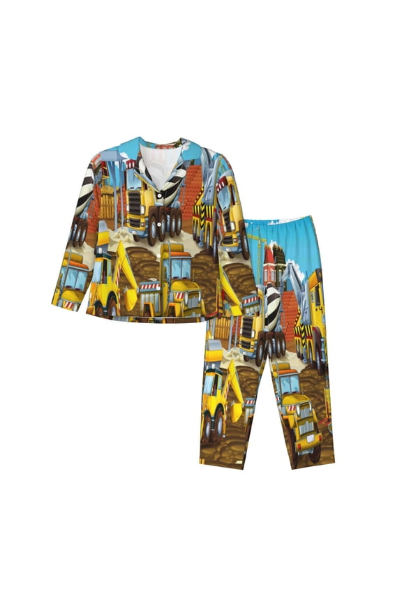 Different Construction Site Vehicles Pattern Women’s Long-Sleeve Sleepwear Set - Soft 2-Piece Loungewear with Pockets, Comfy PJs for Relaxing Nights-XX-Large