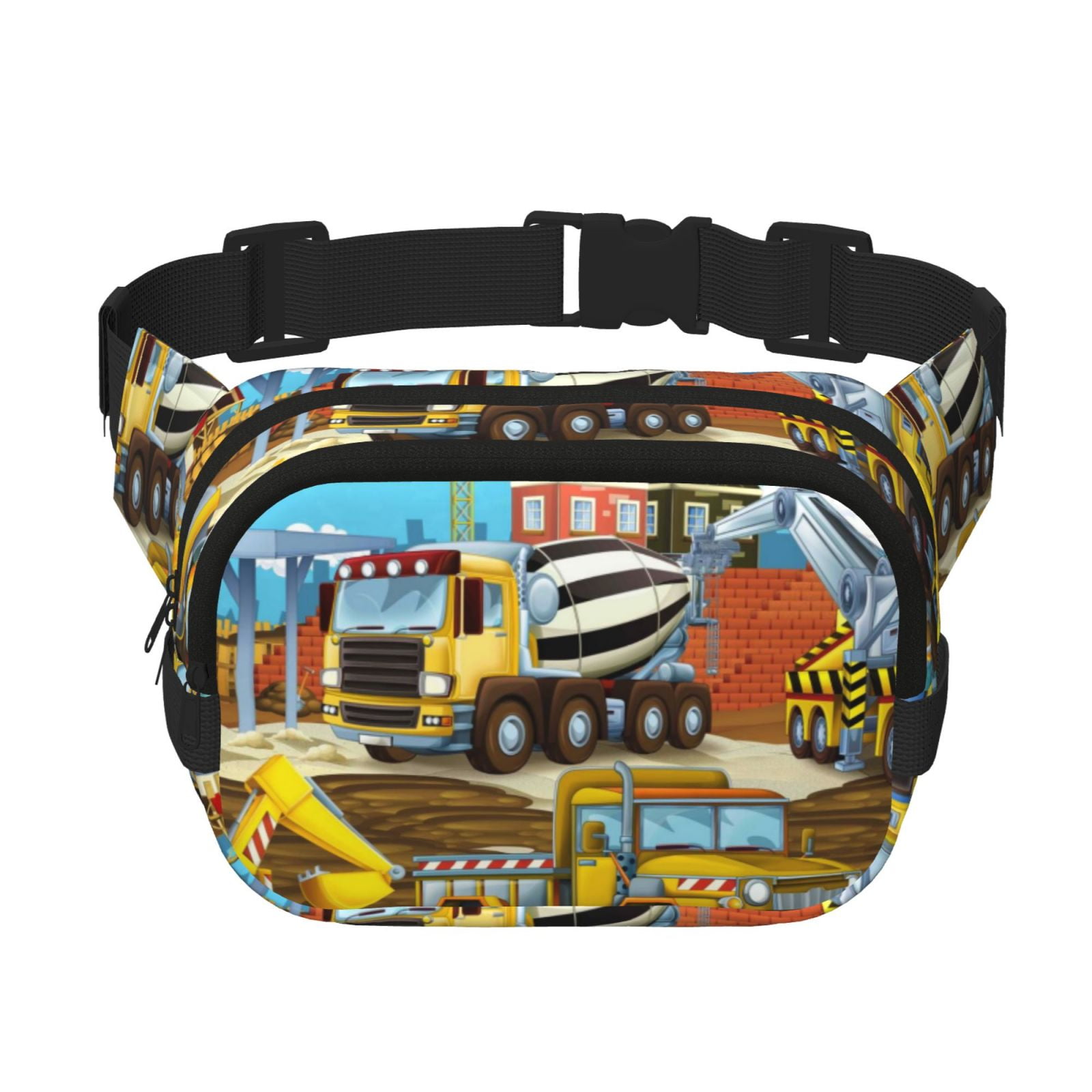 Picia Different Construction Site Vehicles Print Square Double-Layer Waist Bag Mini Adjustable Waist Belt Bag Exercise Running Travel Hiking