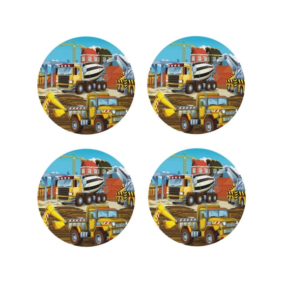 Picia Different Construction Site Vehicles Printed Leather Coasters for Drinks, 4" Drink Coasters Set of 4 for Tabletop Protection, Handmade Luxurious Home Décor and Housewarming Gift -Round Shape