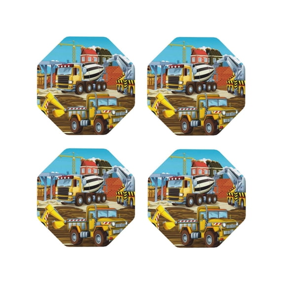 Picia Different Construction Site Vehicles Printed Leather Coasters for Drinks, 4" Drink Coasters Set of 4 for Tabletop Protection, Handmade Luxurious Home Décor and Housewarming Gift -Octagon