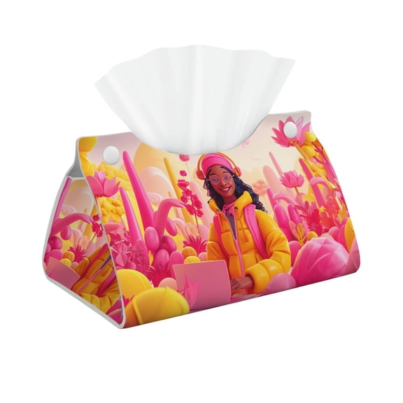 Picia Digital Nomad Pink Landscape Pattern Long Tissue Box Cover,PVC Leather Triangle Holder,Tissue Box Holder with Magnetic Bottom,Facial Paper Organizer Dispenser-7.9"X4.9"X4.5"
