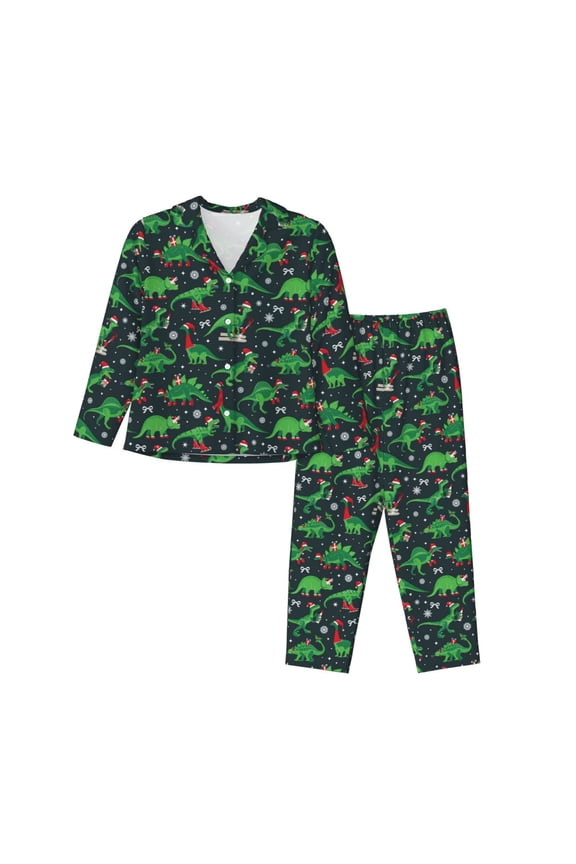 Dino Christmas Party Pattern Women’s Long-Sleeve Sleepwear Set - Soft 2-Piece Loungewear with Pockets, Comfy PJs for Relaxing Nights-Medium