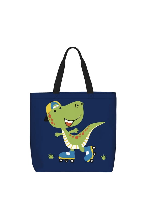 Dino Playing Roller Skate for Tote Bag for Women with Zipper, Gym Tote with Compartments, Laptop Work Tote Nurse Dance Yoga Bag for Sport, Travel