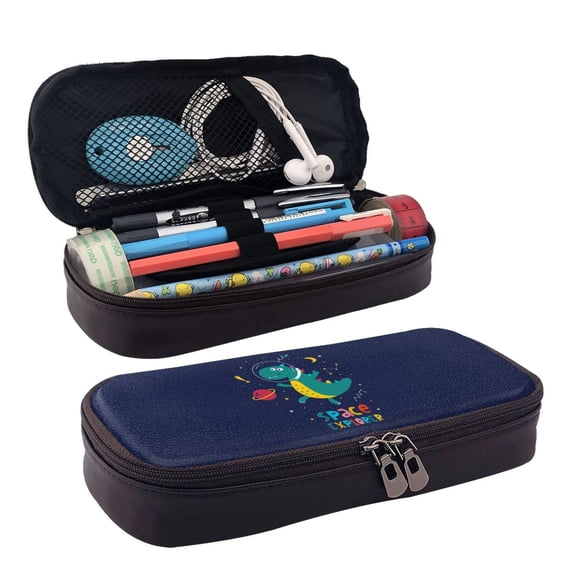 Picia Dinosau Space Explorer Pattern Large Capacity PU Leather Pencil Case Organizer Pen Marker Holder Double Zipper Storage Bag Big Pencil Pouch for College Office