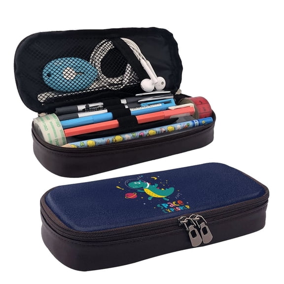 Picia Dinosau Space Explorer Pattern Large Capacity PU Leather Pencil Case Organizer Pen Marker Holder Double Zipper Storage Bag Big Pencil Pouch for College Office