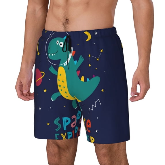 Picia Dinosau Space Explorer pattern Mens Swim Trunks with Compression Liner Stretch Beach Shorts Quick Dry with Zipper Pockets No-Chafing Board Shorts-X-Large