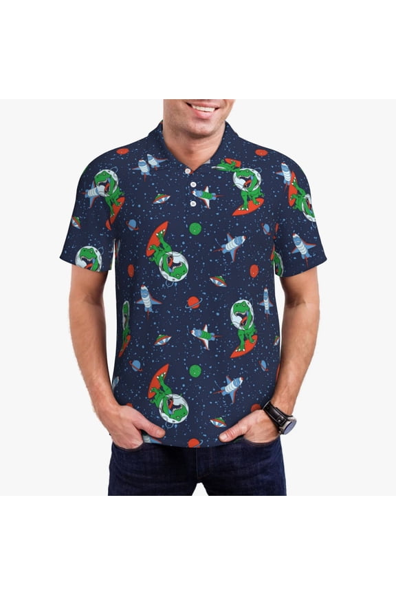 Dinosaur Astronaut Print Men's Polo Shirt, Two-Button Closure Pique Polo Shirt, Summer Fashion Golf Shirt-3X-Large