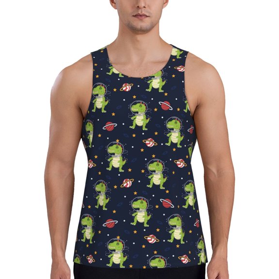 Picia Dinosaur Astronaut Printed Men’s Performance Tank, Men's Workout Tank Top Moisture-Wicking Tank Top Muscle tee, Breathable Workout Shirt-Medium