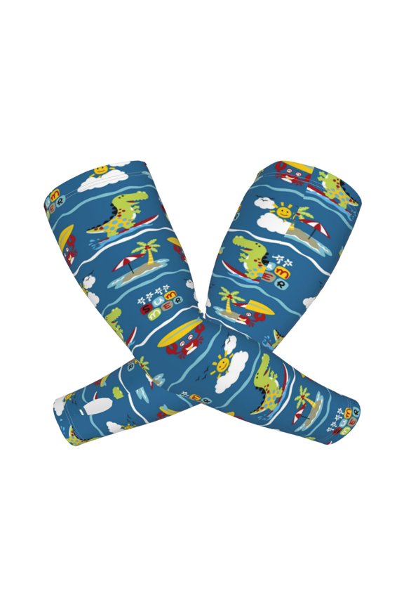 Dinosaur on the Beach Vacation Arm Sleeves for Men and Women - Tattoo Cover Up UPF 50+ Cooling Sports Sleeve for Basketball Golf Football-One Size