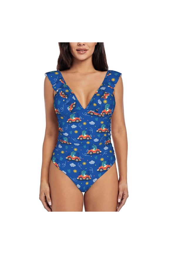 Dinosaur Driving Blooming Jelly Womens Tummy Control Bathing Suits Slimming Ruffle Swimsuit One Piece Lace Swimwear-
