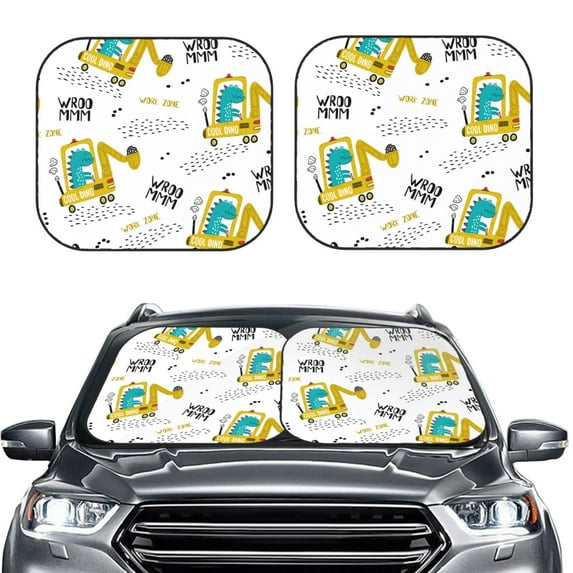 Picia Dinosaur on Excavator 2 Piece Car Windshield Sun Shade Foldable | Foldable Sun Shield for Front Window Blocks UV Rays and Keeps Your Vehicle Cool-Small