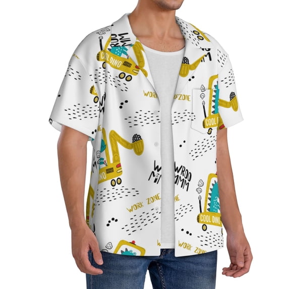Picia Dinosaur on Excavator Men's Linen Shirts Short Sleeve Cuban Beach Shirts Casual Shirts Button Down Shirt for Men Beach Summer Wedding Shirt-Large