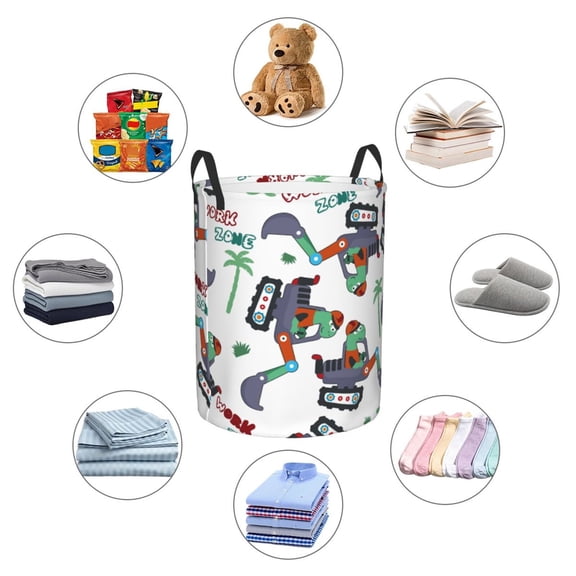 Picia Dinosaur on Excavator2 Large Laundry Basket, Waterproof, Freestanding Laundry Hamper, Collapsible Tall Clothes Hamper with Extended Handles-Medium