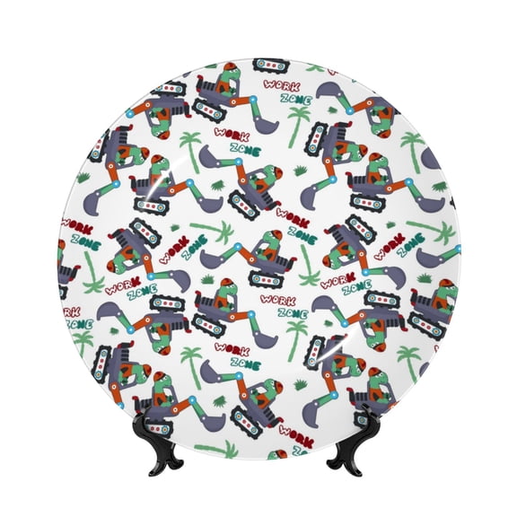 Picia Dinosaur on Excavator2 Pattern Bone China Decorative Plate – Wall Decor with Stand and Adhesive, Elegant Ornament for Living Room, Office, or Entryway-6in
