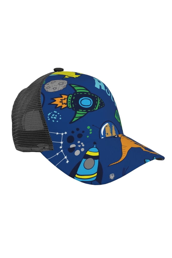 Dinosaur In Space Pattern Trucker Hat,Baseball Cap,Sun Protection Cap,Stylish Headwear,Leisure Cap,Outdoor Sports Cap