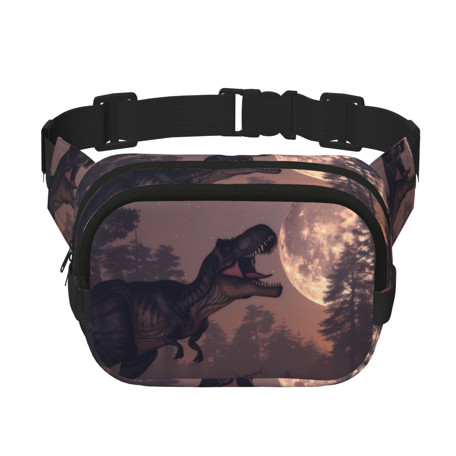 Picia Dinosaur Moonlit Forest Print Square Double-Layer Waist Bag Mini Adjustable Waist Belt Bag Exercise Running Travel Hiking