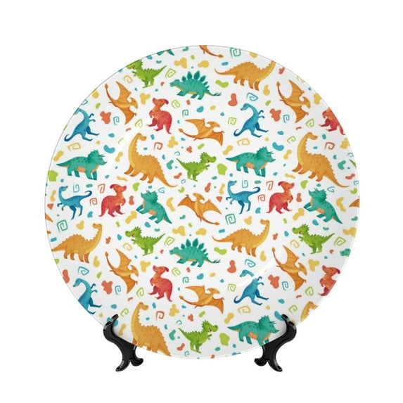 Picia Dinosaur Pattern Bone China Decorative Plate – Wall Decor with Stand and Adhesive, Elegant Ornament for Living Room, Office, or Entryway-8in