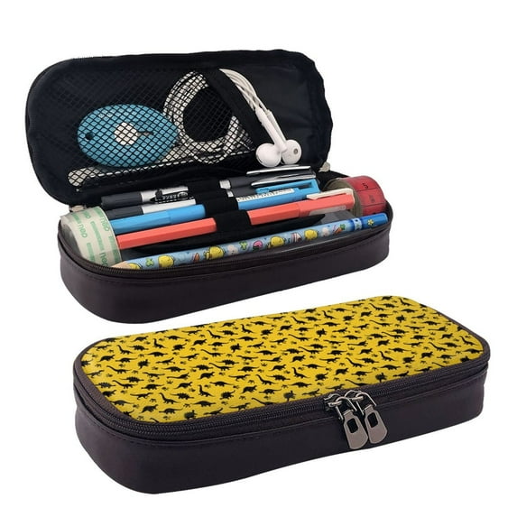 Picia Dinosaur Pattern Large Capacity PU Leather Pencil Case Organizer Pen Marker Holder Double Zipper Storage Bag Big Pencil Pouch for College Office