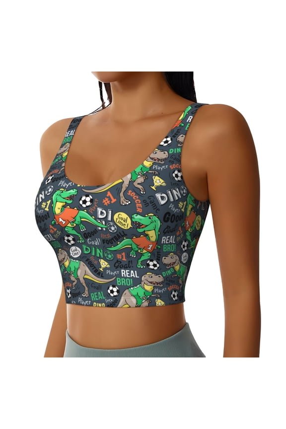 Dinosaur Plays Soccer Sports Bra for Women,Padded Strappy Sports Bras Medium Support Yoga Bra with Removable Cups,Running Yoga Bra-Medium