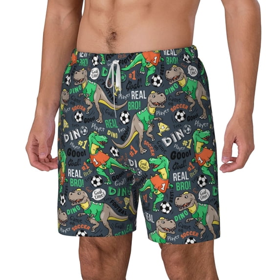 Picia Dinosaur Plays Soccer pattern Mens Swim Trunks with Compression Liner Stretch Beach Shorts Quick Dry with Zipper Pockets No-Chafing Board Shorts-3X-Large