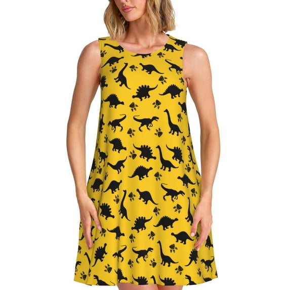 Picia Dinosaur Print Women’s Sleeveless Midi Swing Dress – A-Line Pleated Tank Sundress, Comfortable and Flowy T-Shirt Dress