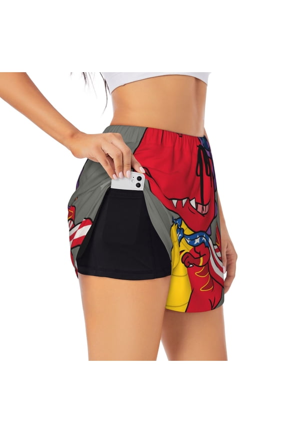 Dinosaur Super Hero Cartoon Pattern Women's 2 in 1 Athletic Running Shorts High Waisted Workout Casual Gym Sweat Shorts with Comfy Liner Zipper Pockets-