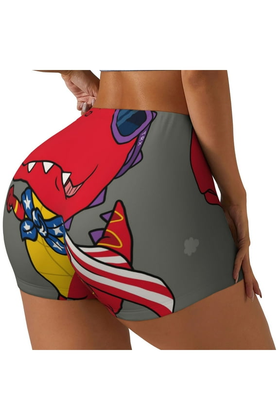 Dinosaur Super Hero Cartoon Printed Workout Shorts for Women Seamless Scrunch Butt Lifting High Waisted Yoga Gym Booty Running Moisture-wicking Short Pants-Medium