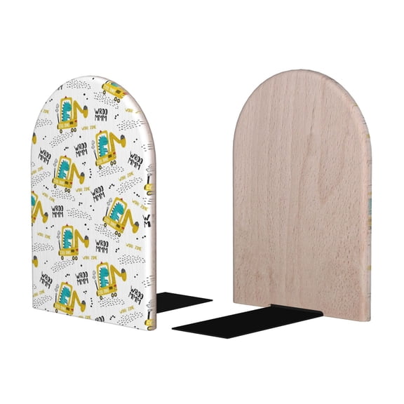 Picia Dinosaur on Excavator Pattern Wood Bookends for Shelves,Non-slip Bookends, Heavy Duty Wooden Bookend Support,1 Pair