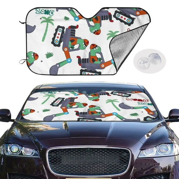 Picia Dinosaur on Excavator2 Curved Windshield Sunshade Accordion Folding Style Auto Shade for Car Truck SUV Van Blocks UV Ray Sun Visor Protector -