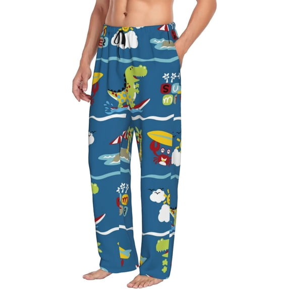 Picia Dinosaur on the Beach Vacation Mens Soft Woven Cotton Elastic Waistband Sleep Pajama Pant Lounge Sleep Pant With Pockets And Drawstring-Medium