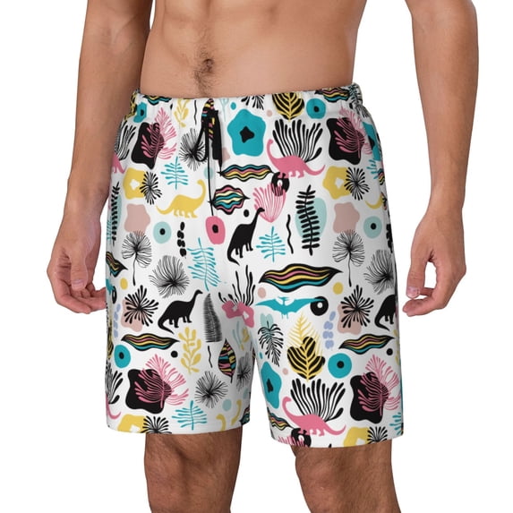 Picia Dinosaur pattern Mens Swim Trunks with Compression Liner Stretch Beach Shorts Quick Dry with Zipper Pockets No-Chafing Board Shorts-Large