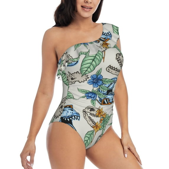 Picia Dinosaurs And Leaves Pattern Women's One Piece Swimsuits,One Shoulder Swimwear Asymmetric ,Ruffle Monokinis Bathing Suits,High Waisted Flattering Bathing Suits-Medium
