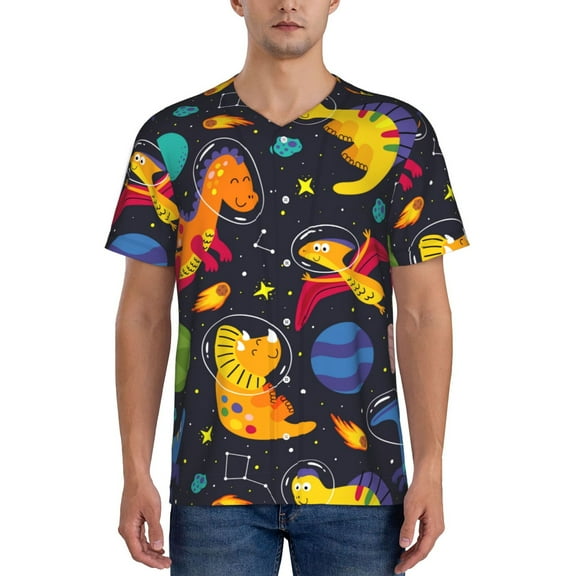 Picia Dinosaurs in Space Pattern Mens Polo Shirts Quick Dry Short Sleeve Golf T Shirt Performance Moisture Wicking Casual Workout Baseball T-shirt-