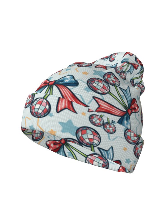 Disco Ball Cherry With Bow Pattern Knitted Beanie Hat for Men and Women , Unisex Winter Warm Stretchy Knit Cap Thick Fisherman Beanies Cuffed Plain Skull Caps