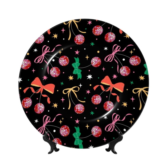 Picia Disco Mirror Ball Pattern Bone China Decorative Plate – Wall Decor with Stand and Adhesive, Elegant Ornament for Living Room, Office, or Entryway-7in
