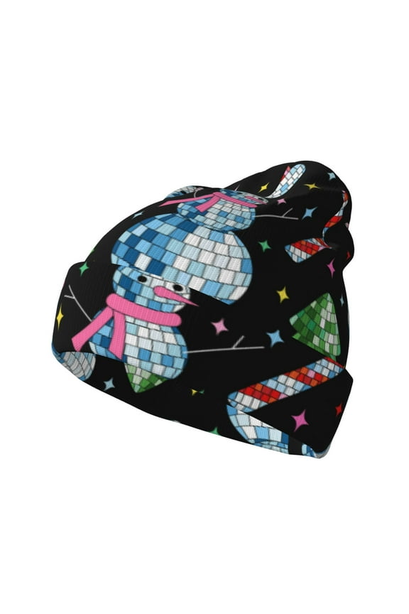 Disco Mirror Ball Snowman Pattern Knitted Beanie Hat for Men and Women , Unisex Winter Warm Stretchy Knit Cap Thick Fisherman Beanies Cuffed Plain Skull Caps