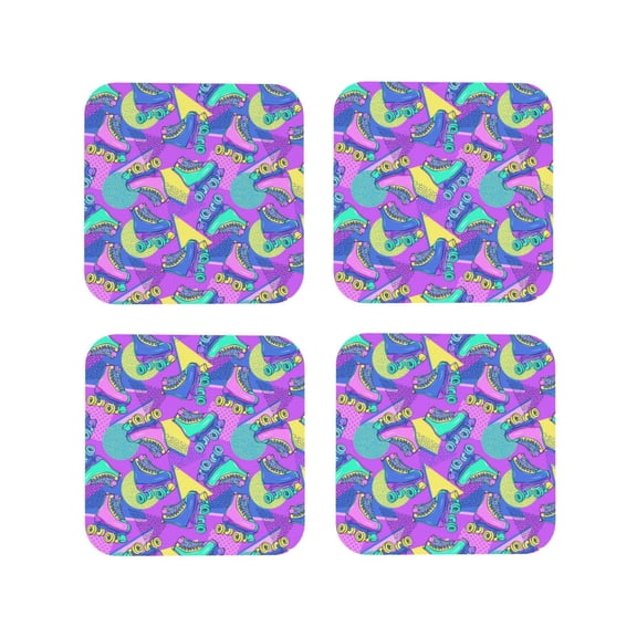 Picia Disco Roller Skates Printed Leather Coasters for Drinks, 4" Drink Coasters Set of 4 for Tabletop Protection, Handmade Luxurious Home Décor and Housewarming Gift -Square